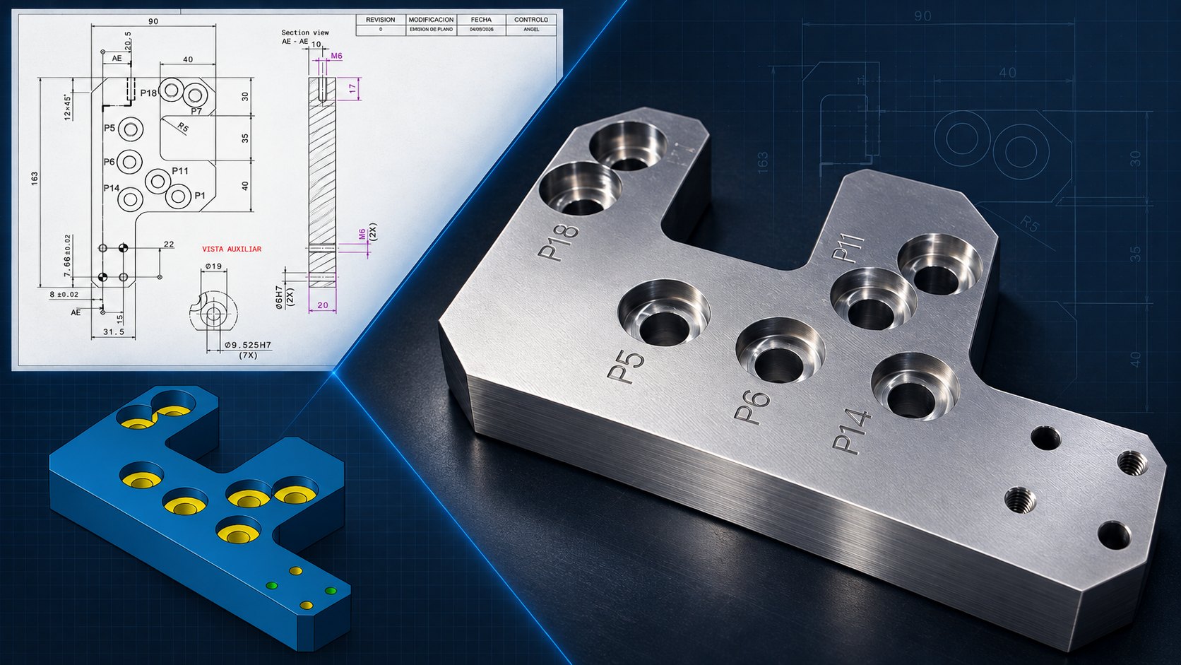 Del plano y el modelo 3D a la pieza maquinada en CNC con identificación grabada