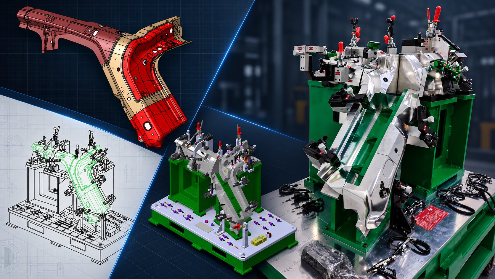 Pieza estampada en CAD, plano del dispositivo, diseño 3D y checking fixture terminado